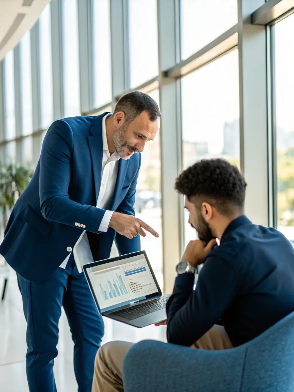 An IT consultant is providing strategic advice to a business owner, guiding them through complex technology decisions and ensuring business success.