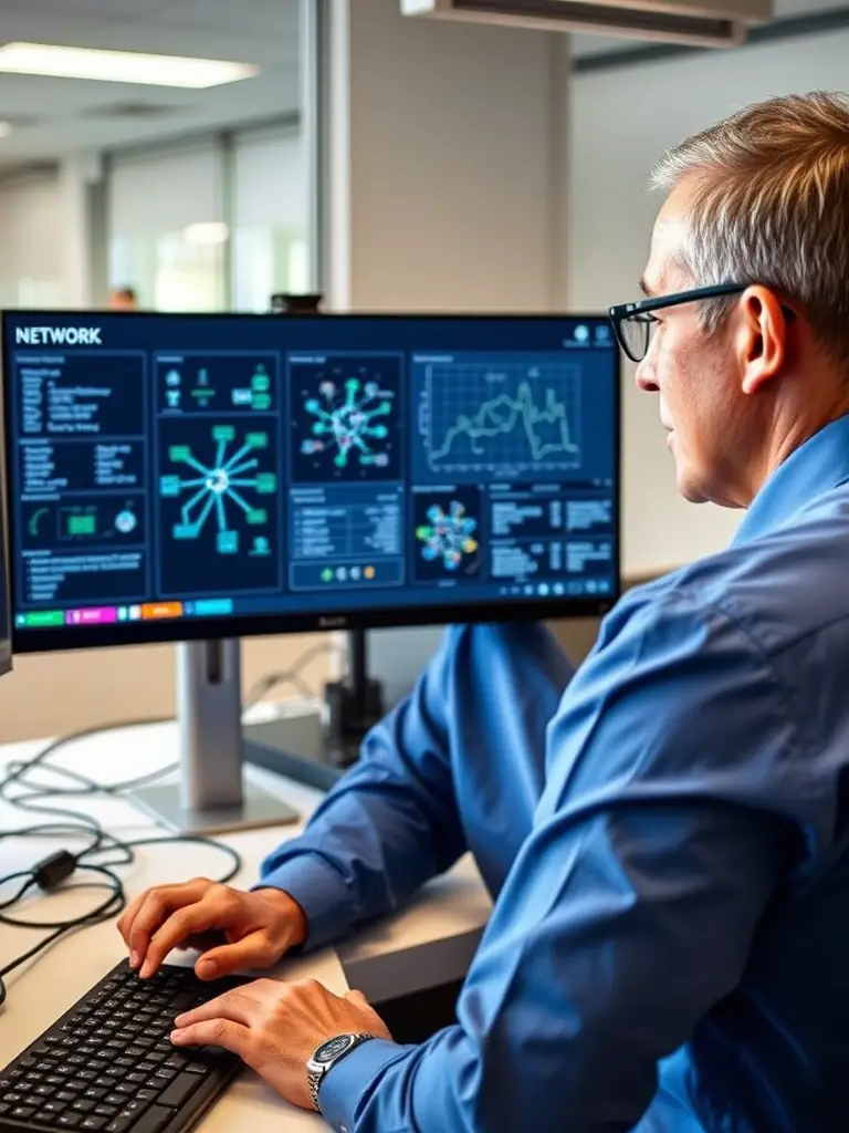 A professional IT consultant is shown analyzing network infrastructure on a computer screen, ensuring robust cybersecurity for a client's business.