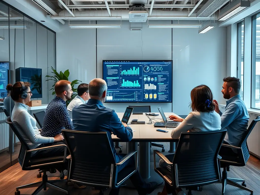 A modern office setting with IT consultants collaborating around a table, reviewing data on laptops and discussing strategy, symbolizing rabbitstech's collaborative and expert approach to IT consulting.