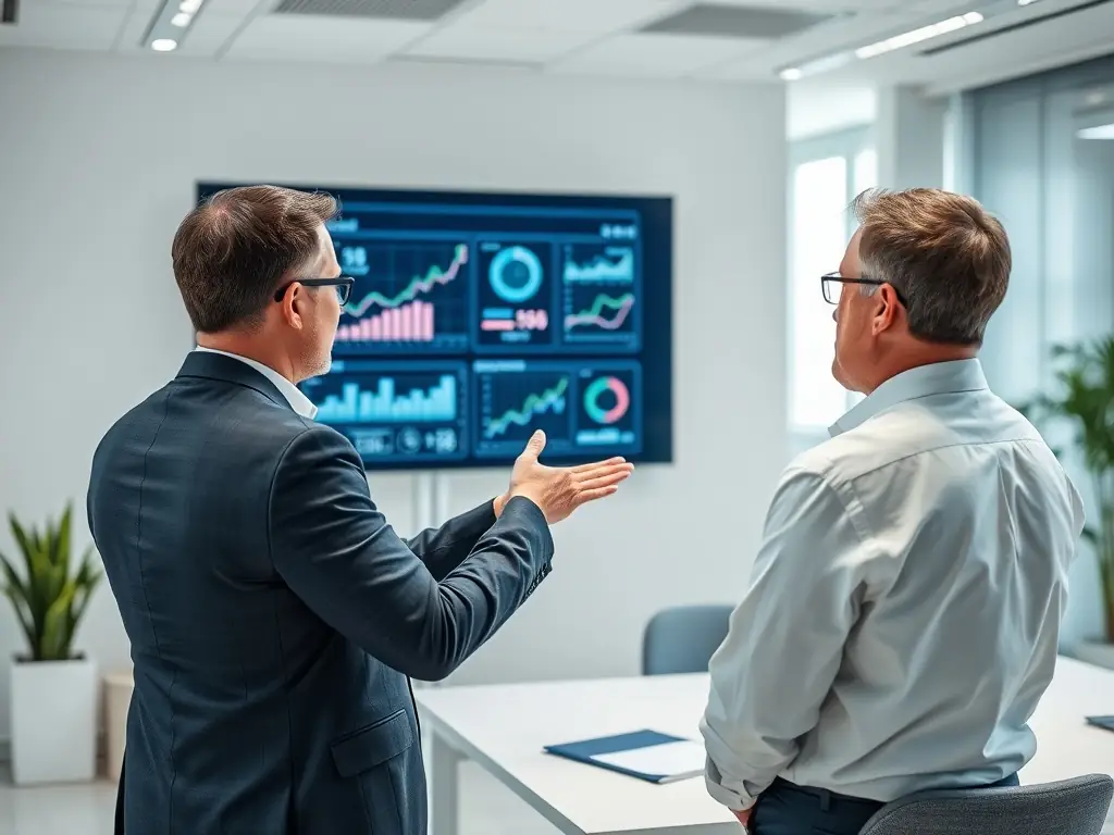 A professional consultant is advising a business client on digital transformation strategies in a modern office setting, with charts and data visualizations displayed on a large screen in the background.