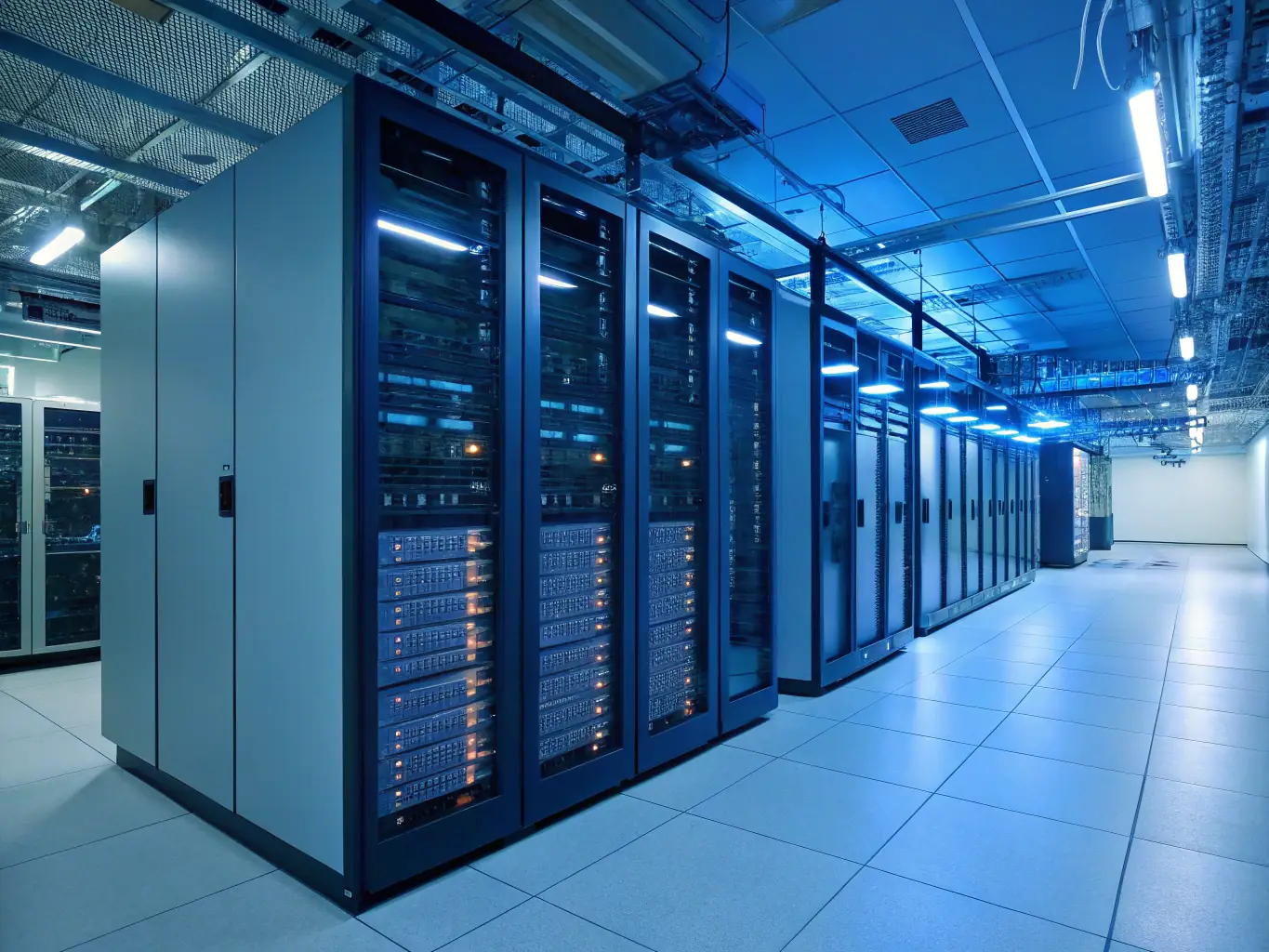 A secure data center with servers and networking equipment, emphasizing rabbitstech's focus on cybersecurity and data protection for its clients.