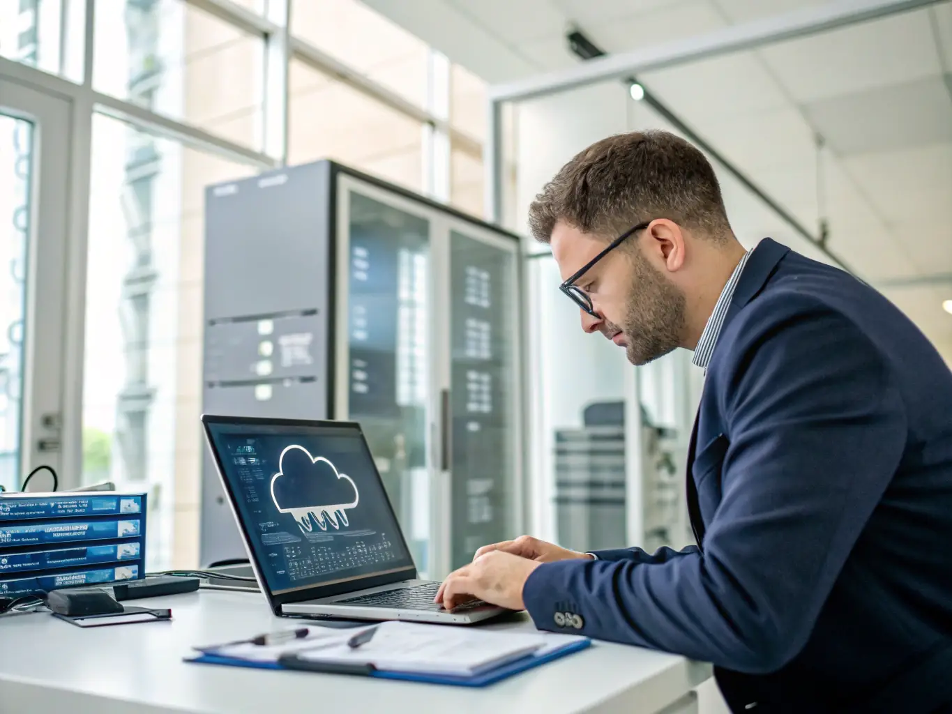 A cloud architect is designing a cloud infrastructure diagram on a tablet, with a focus on scalability, security, and cost-effectiveness in a modern office environment.