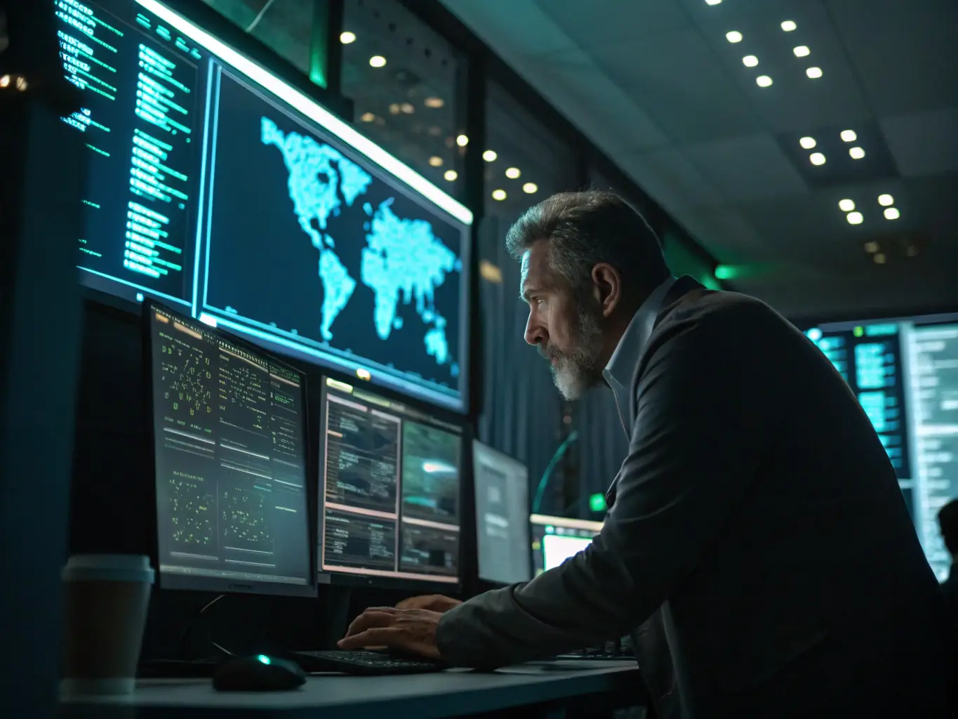 A cybersecurity expert is analyzing network security data on multiple monitors, with a focus on threat detection and prevention in a secure operations center.