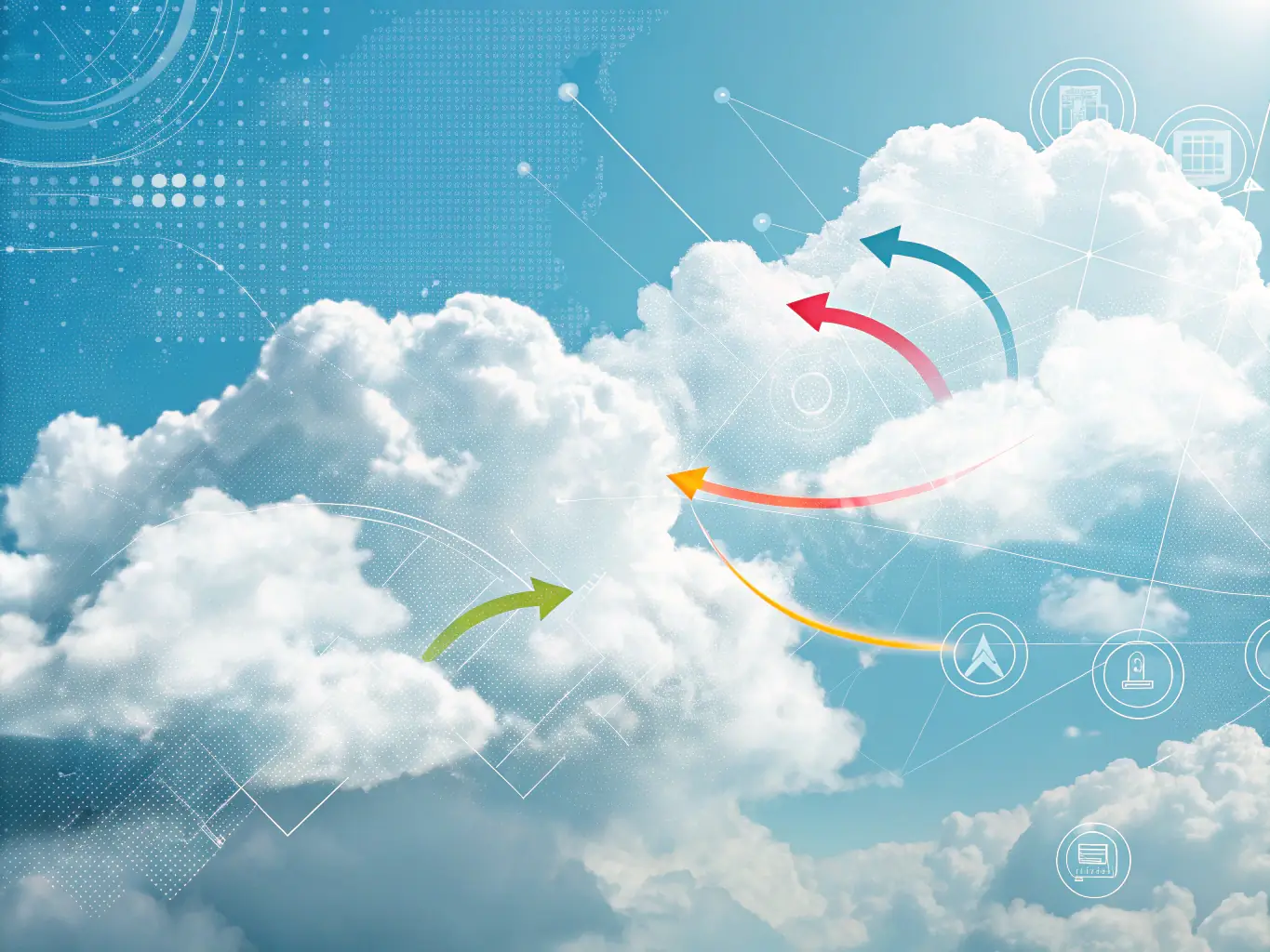 A visual representation of cloud computing, showing data flowing between devices and servers, highlighting rabbitstech's expertise in cloud strategies.